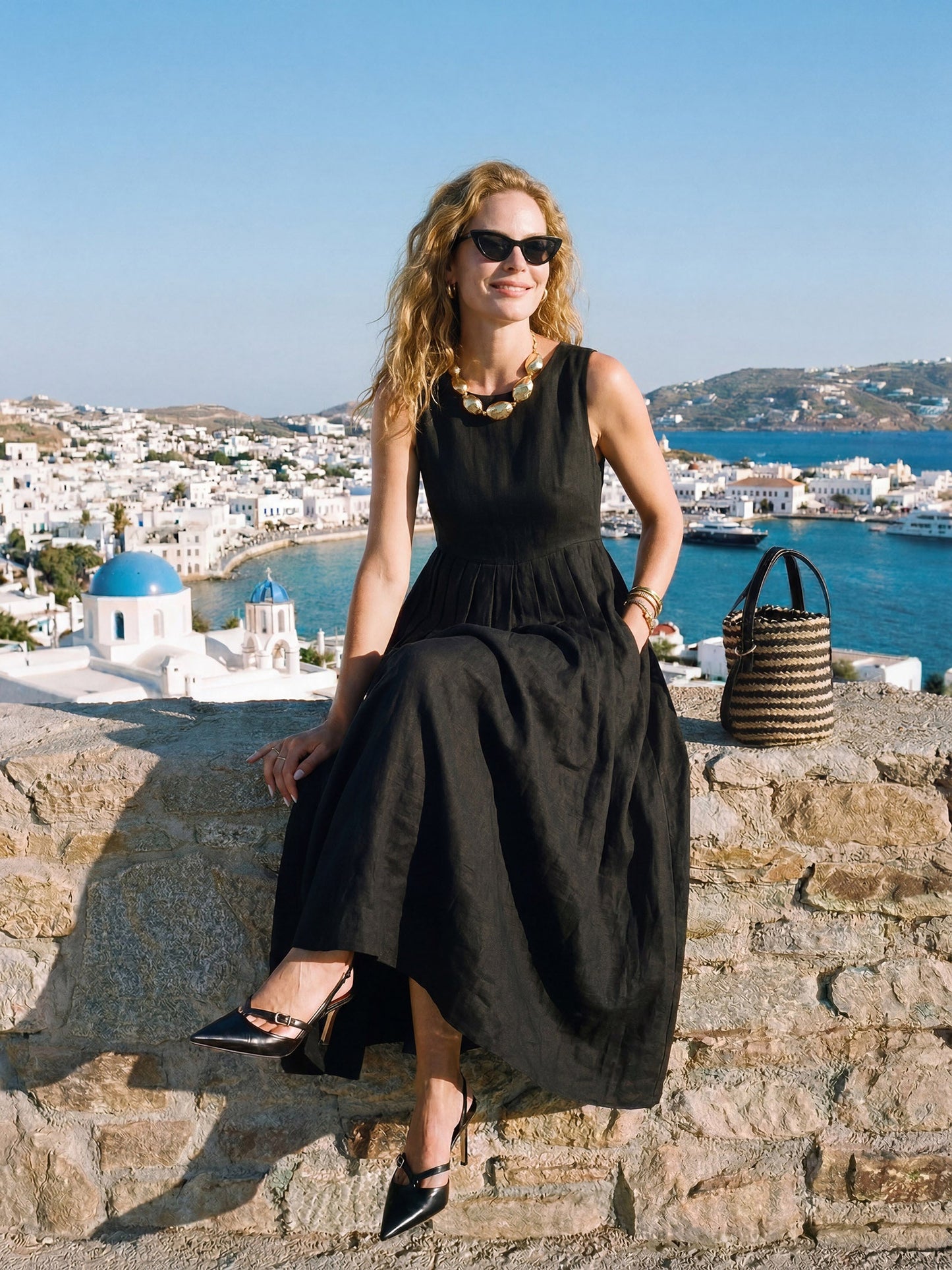 100% Linen Sleeveless Crew Neck Waist Pleated Maxi Dress SELENE