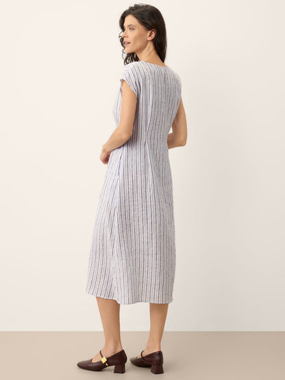 100% Linen Striped Tailored Cap Sleeve Maxi Dress AGNES