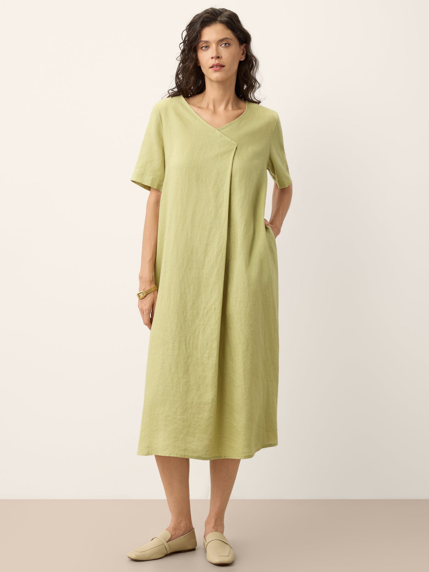 100% Linen Surplice Neck A Line Maxi Dress JUDITH