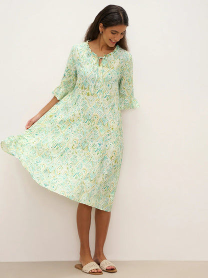 100% Linen A-Line Ruffled Collar Tie-Neck Midi Dress LIVIA