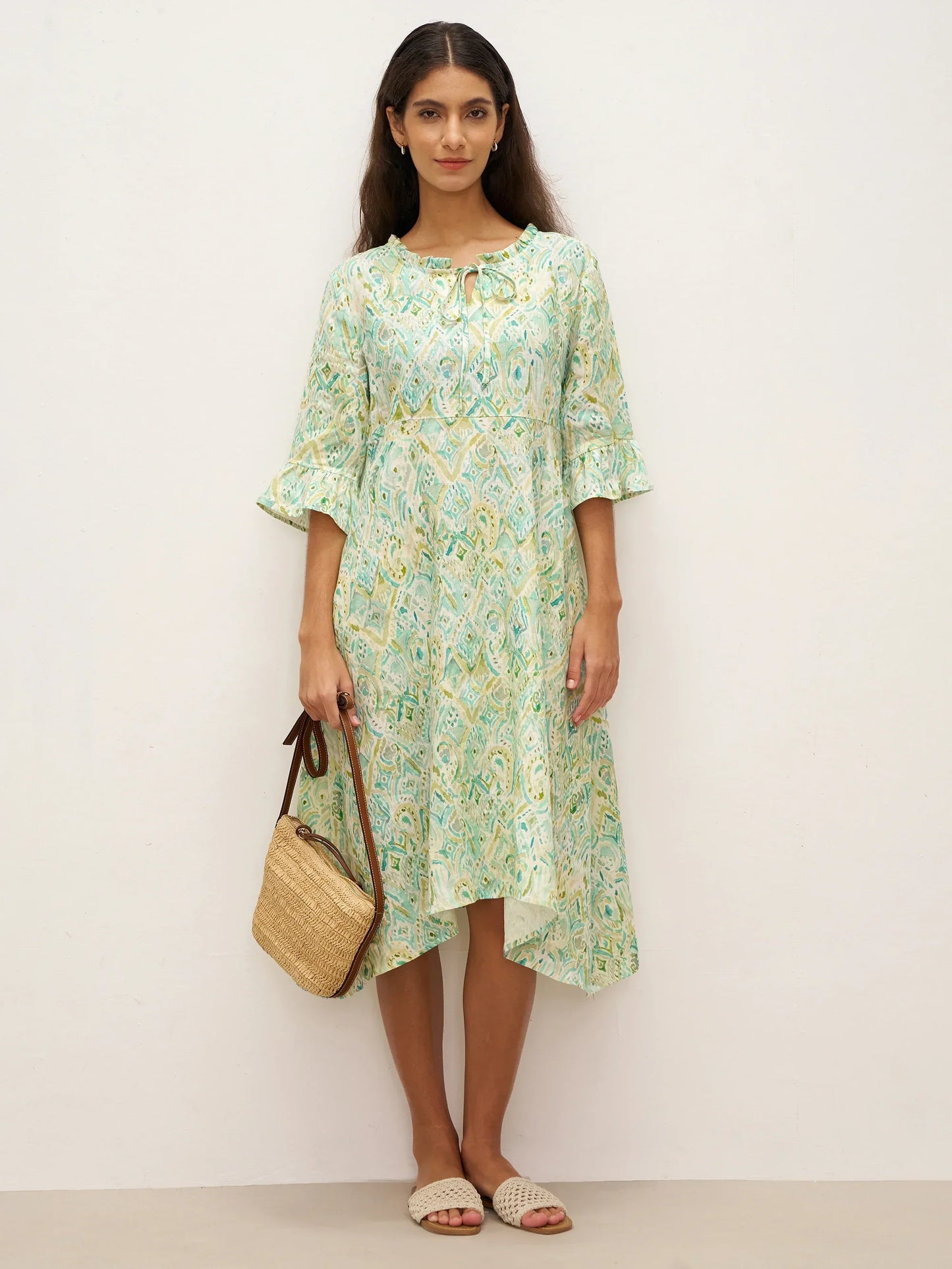 100% Linen A-Line Ruffled Collar Tie-Neck Midi Dress LIVIA