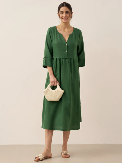100% Linen Loose Fit Button Waist Gathered Maxi Dress LUNA