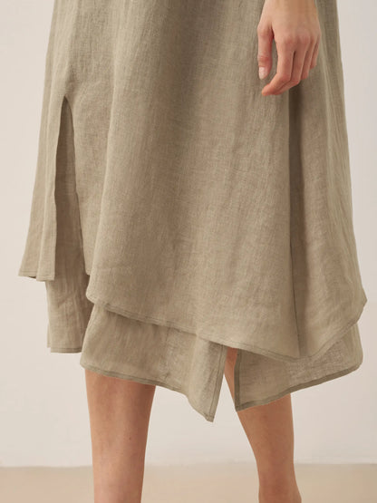 100% Linen V-Neck Double-Layer Midi Dress JAYDA