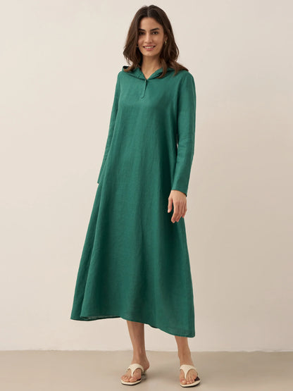 100% Linen Hooded Pullover Maxi Dress REBECCA