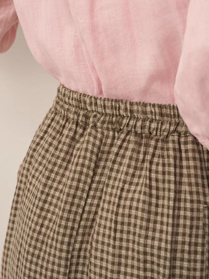 Linen Checked Elastic Waist Skirt MARINA