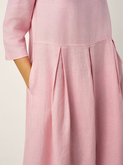 100% Linen Crescent Neck Decorative Button Waist Pleated Maxi Dress GWENYTH