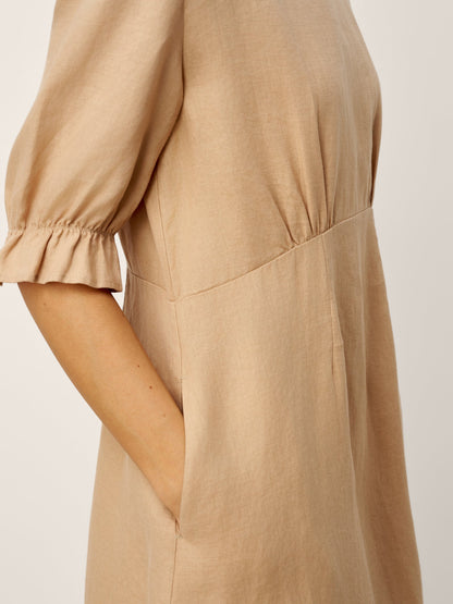 100% Linen Round Neck High Waist Ruffle Sleeve Maxi Dress ZEPHYRA