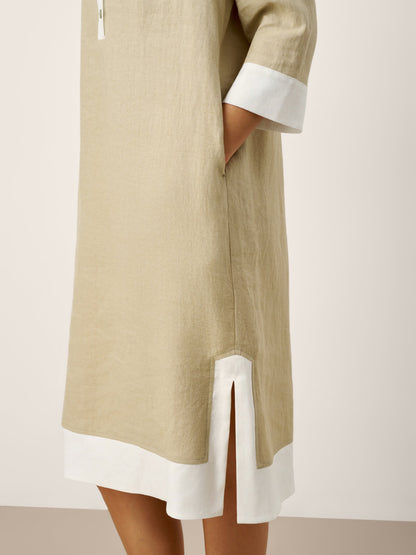 100% Linen Contrast Panel V-neck Layered Lapel Midi Shirt Dress PERSEPHONE