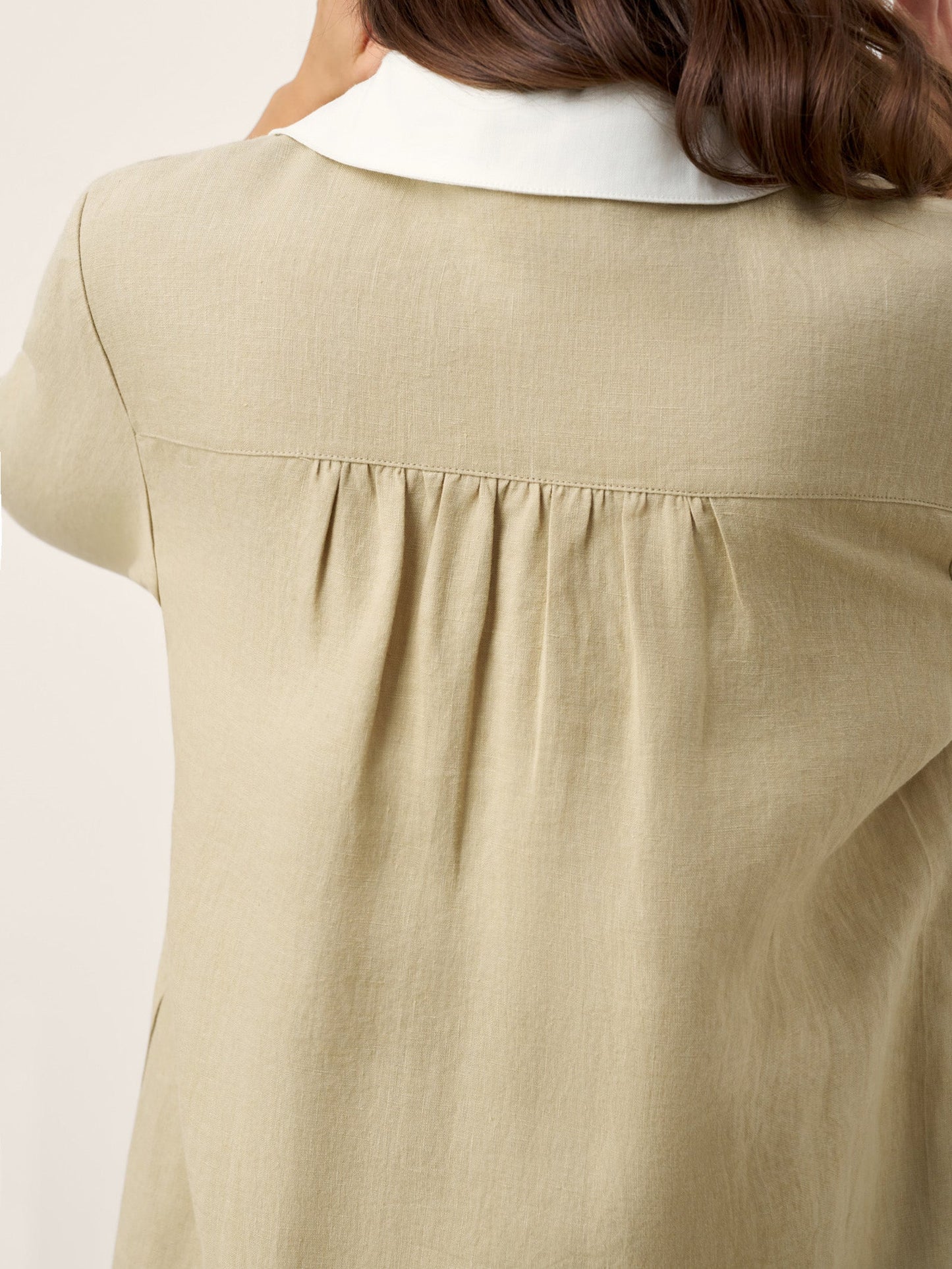 100% Linen Contrast Panel V-neck Layered Lapel Midi Shirt Dress PERSEPHONE