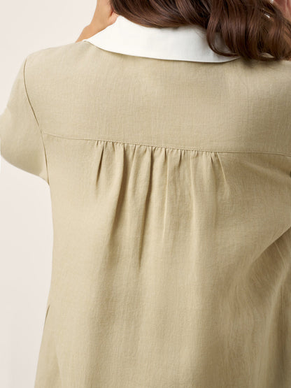 100% Linen Contrast Panel V-neck Layered Lapel Midi Shirt Dress PERSEPHONE