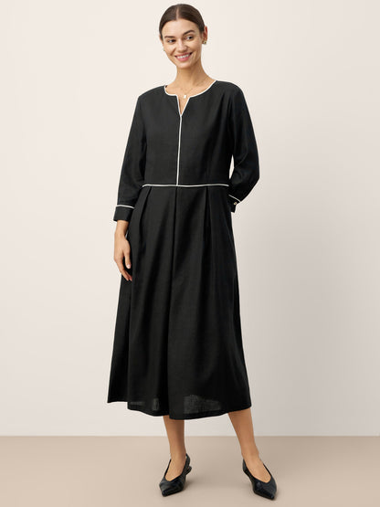 Linen-Lyocell Contrast Trim Gathered Maxi Dress NYX