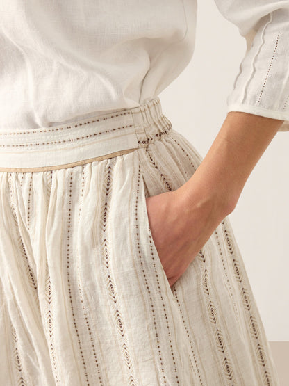 Linen Striped Contrast Trim A-Line Bohemian Skirt with Lining ISMERIE