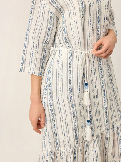 Linen Tribal Stripe Split Neck Bohemian Ruffle Maxi Dress with Woven Belt and Slip MARLOWE