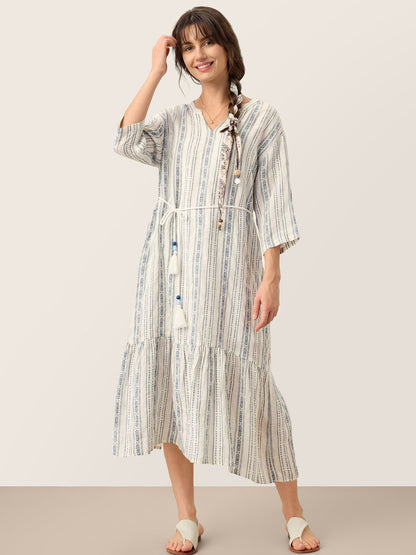 Linen Tribal Stripe Split Neck Bohemian Ruffle Maxi Dress with Woven Belt and Slip MARLOWE