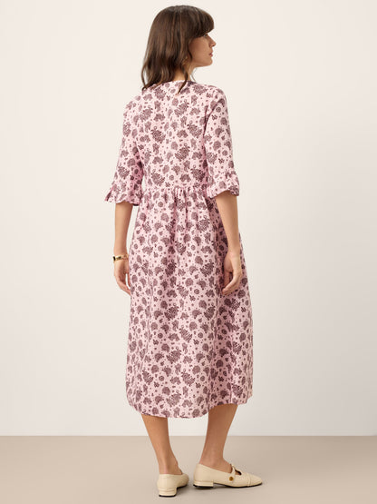 Linen Paisley Pintucked Ruffle-Cuff Maxi Dress MAELYN