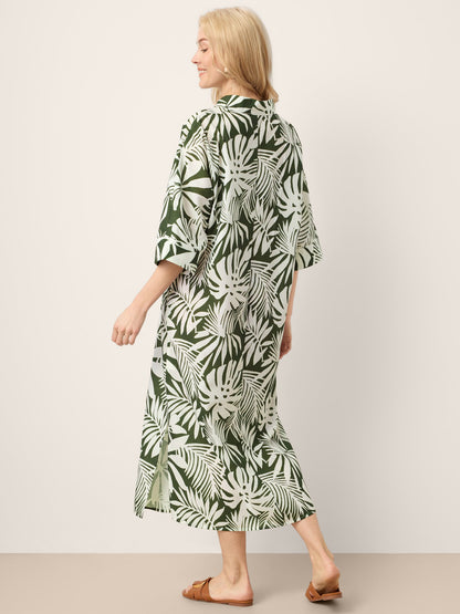 Linen Palm Print Camp Collar Relaxed Maxi Shirt Dress MINERVA