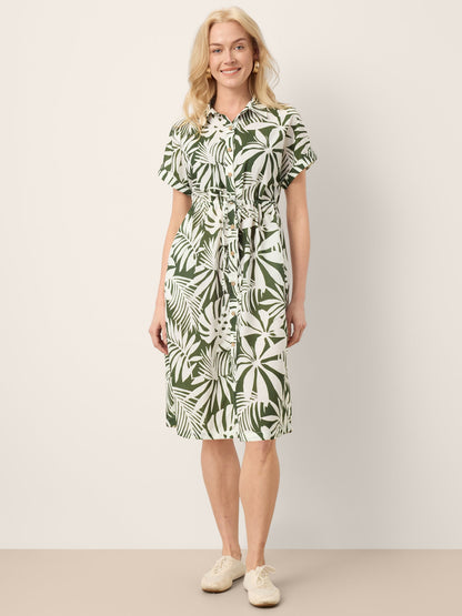 Linen Palm Print Drawstring Waist Cuffed Sleeve Midi Shirt Dress AURELIA