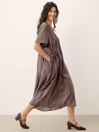 Lyocell Textured V Neck Tie Waist Maxi Dress SUSANNA