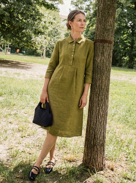 100% Linen Tailored Lapel 3/4 Sleeve Midi Shirt Dress MERCEDES