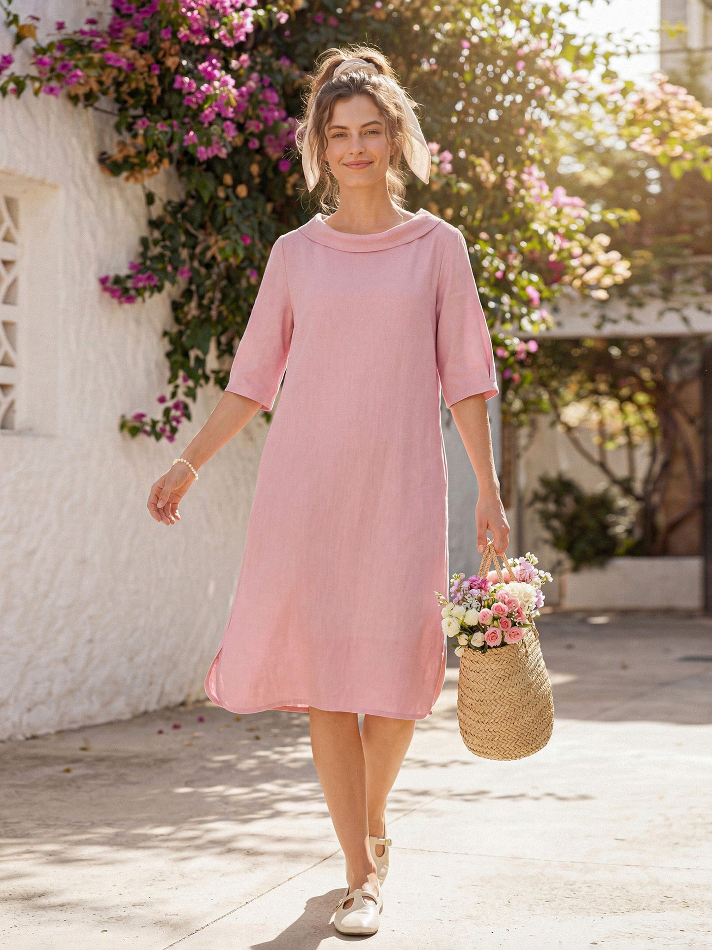 100% Linen Sculpted Bateau Tie-Back Midi Dress SABRINA