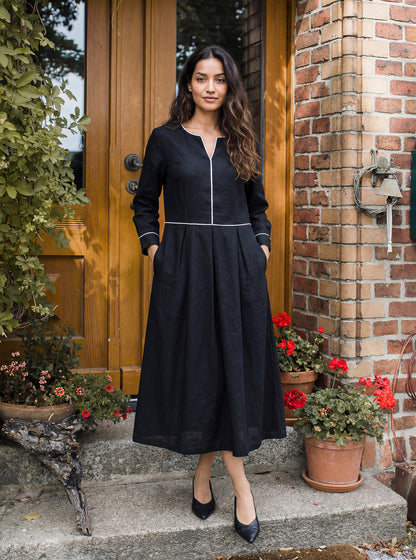 Linen-Lyocell Contrast Trim Gathered Maxi Dress NYX