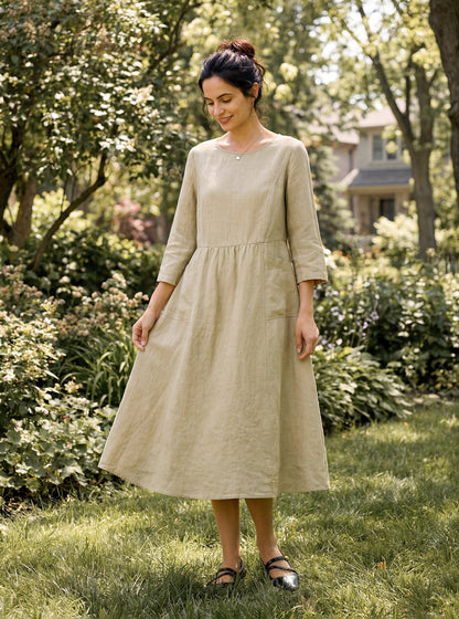 100% Linen Shirred Waistline Patch Pocket Maxi Dress MARCELLA