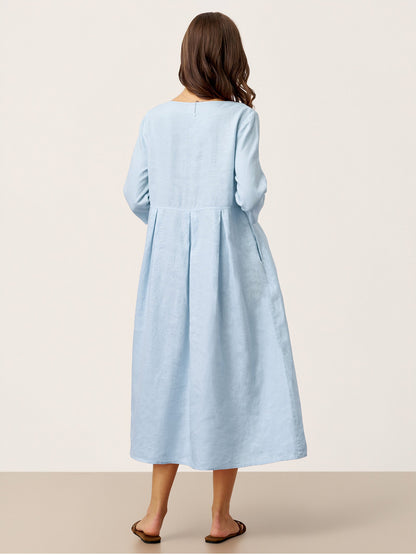 100% Linen Crescent Neck Decorative Button Waist Pleated Maxi Dress GWENYTH