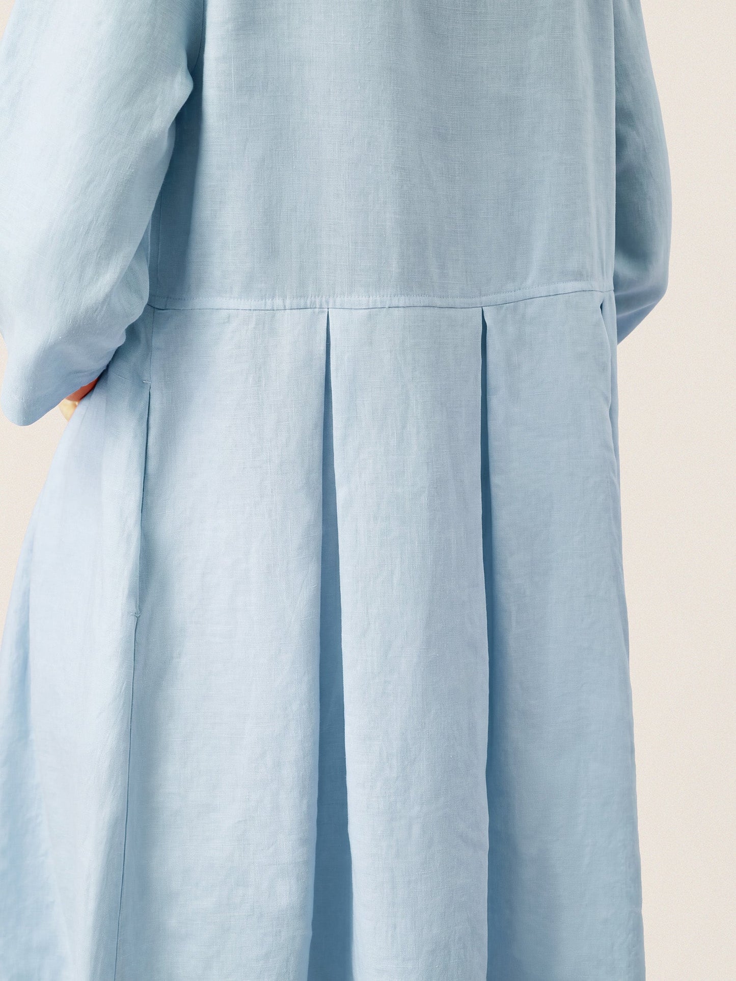 100% Linen Crescent Neck Decorative Button Waist Pleated Maxi Dress GWENYTH