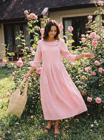 100% Linen Crescent Neck Decorative Button Waist Pleated Maxi Dress GWENYTH