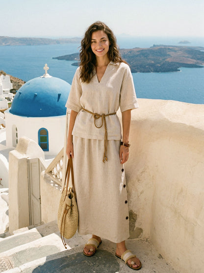 100% Linen Button-Trim Slit Skirt ASTRA