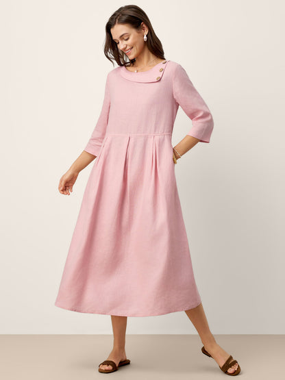 100% Linen Crescent Neck Decorative Button Waist Pleated Maxi Dress GWENYTH