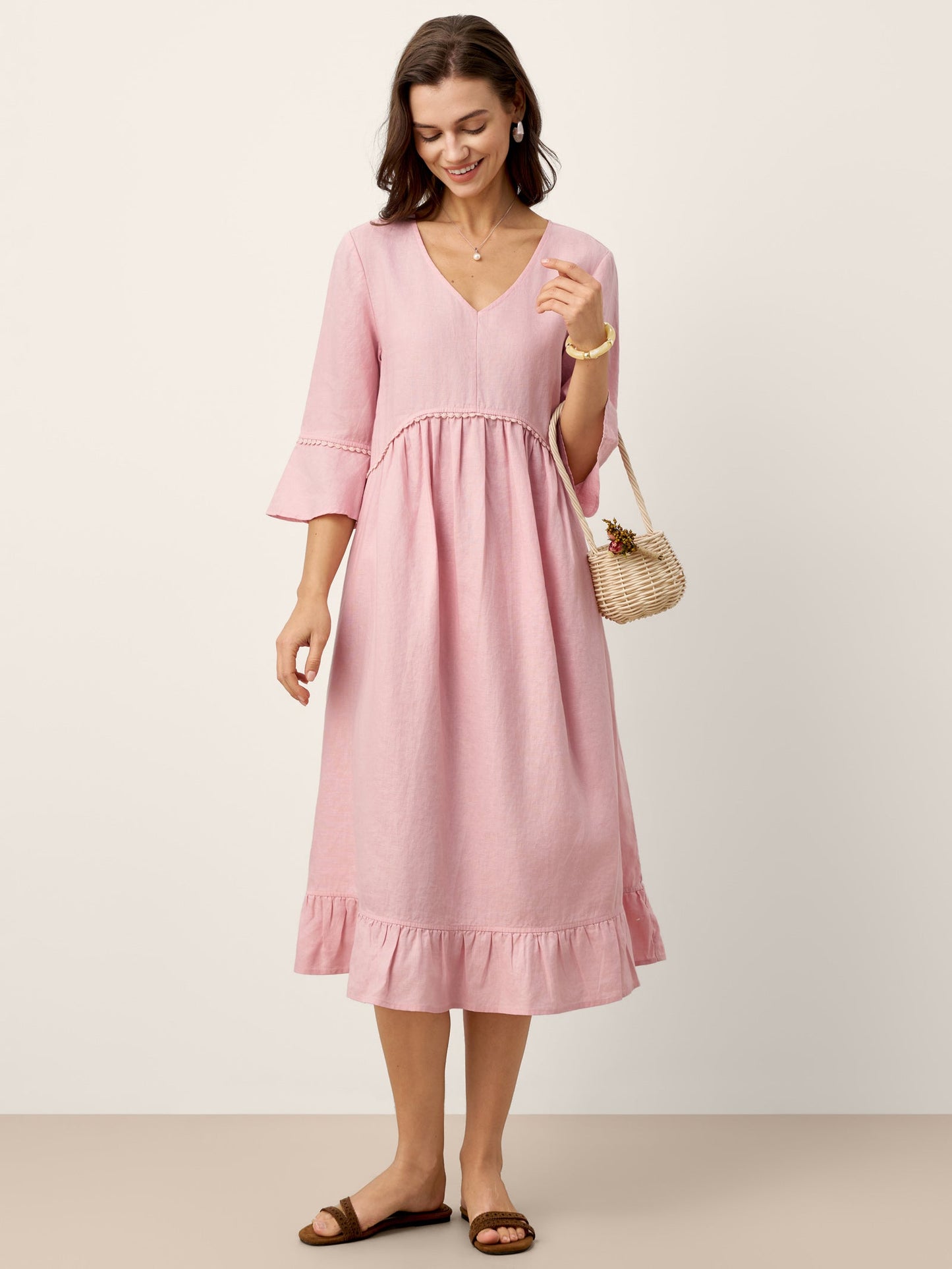 100% Linen V-Neck Ruffle Hem Midi Dress with Crochet Trim MARTHA