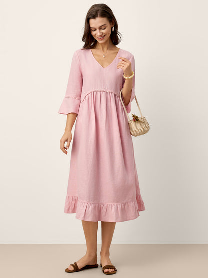 100% Linen V-Neck Ruffle Hem Midi Dress with Crochet Trim MARTHA