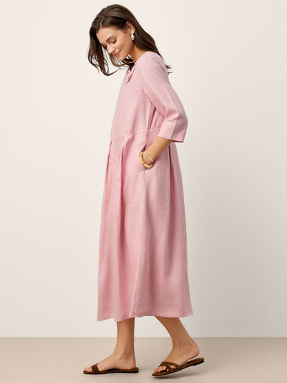 100% Linen Crescent Neck Decorative Button Waist Pleated Maxi Dress GWENYTH