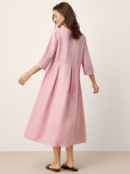 100% Linen Crescent Neck Decorative Button Waist Pleated Maxi Dress GWENYTH