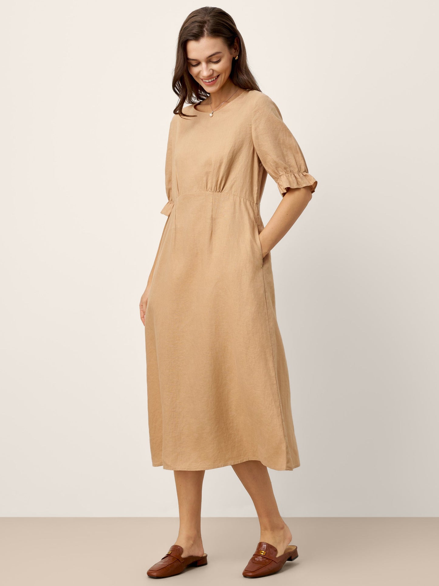 100% Linen Round Neck High Waist Ruffle Sleeve Maxi Dress ZEPHYRA