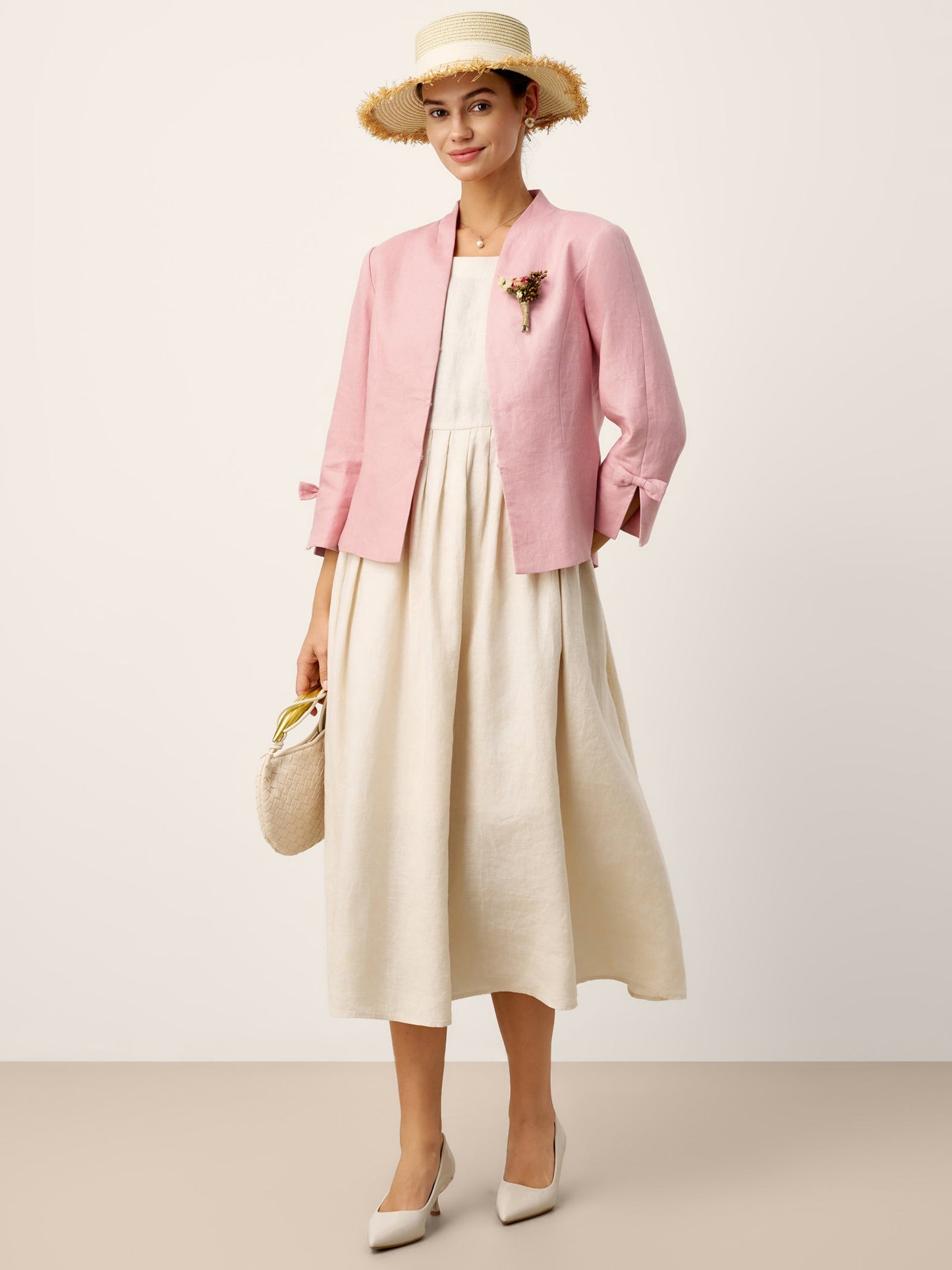 100% Linen Bow Cuff Stand Collar Jacket FINOLA