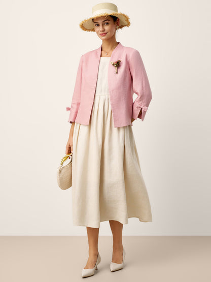 100% Linen Bow Cuff Stand Collar Jacket FINOLA